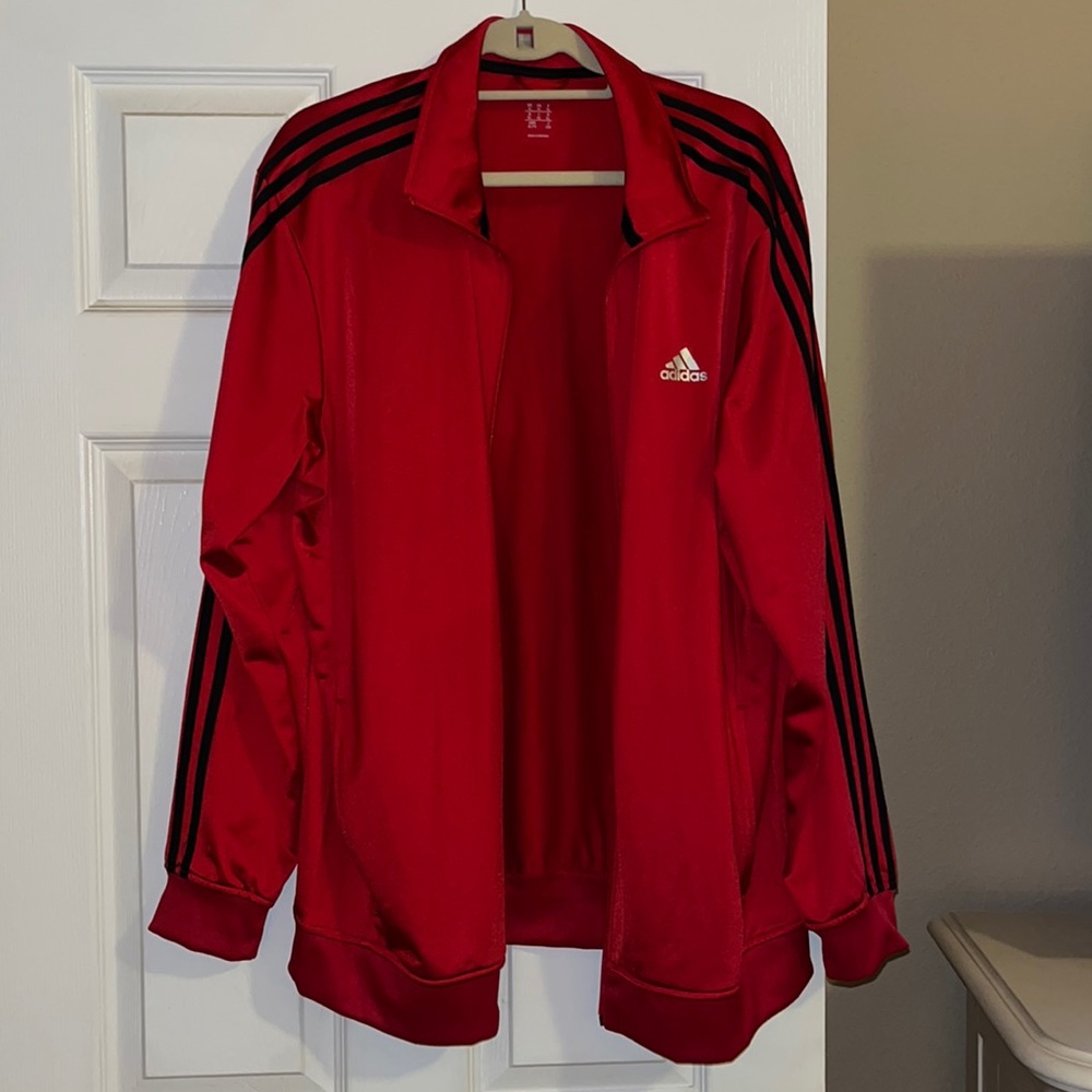 Red and black adidas track zip up jacket, with tags, never worn
